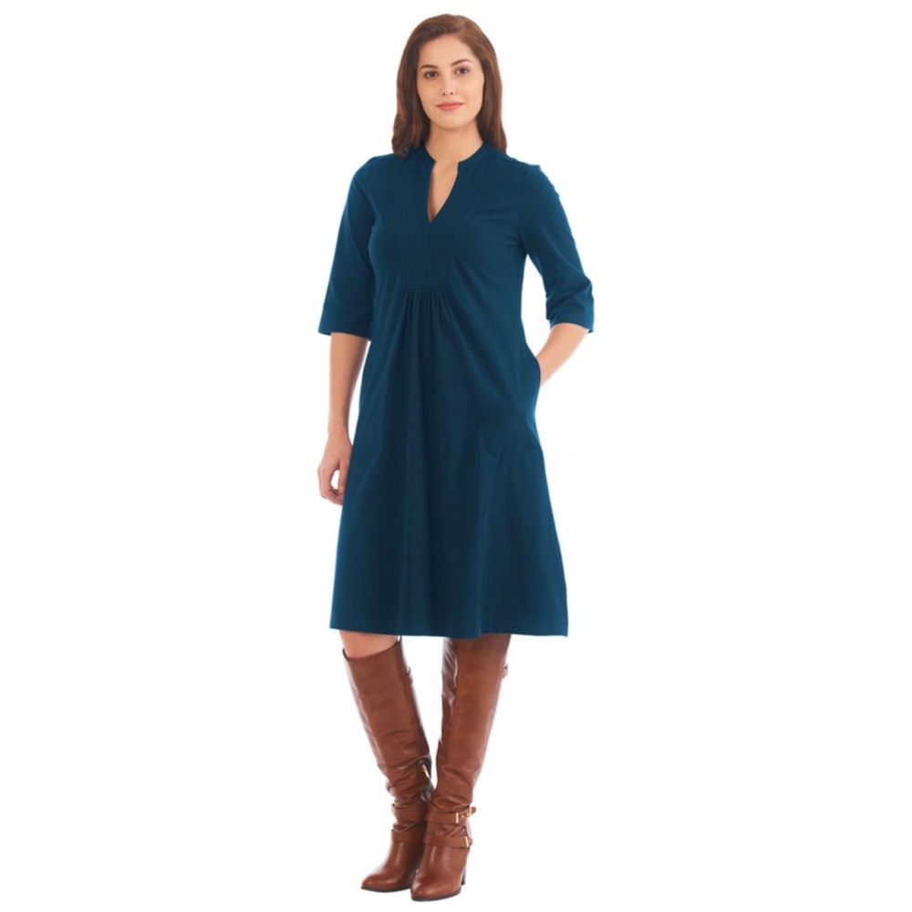 EUC eShakti Teal Split Neck Knit A-line Dress